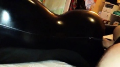 Sex with my girl in black latex catsuit