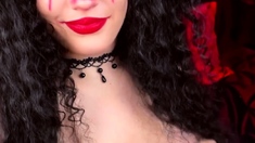Busty curly brunette with big boobs fucks on couch