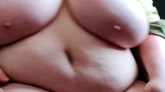 Busty curly brunette with big boobs fucks on couch