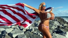 Blonde with big boobs fucked from behind before tit wanking