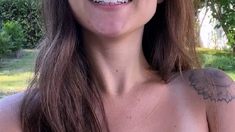 Busty curly brunette with big boobs fucks on couch