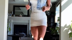 Busty curly brunette with big boobs fucks on couch