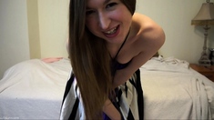 Small titted brunette teen fingering on the bed