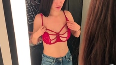 Risky Public Blowjob In Lingerie Store's Dressing Room