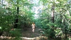 chubby girl with big booty walking nude in forest